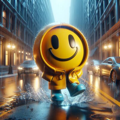 ein smiley mit gelber regenjacke im sturm auf einer straße, 3d grafik+3