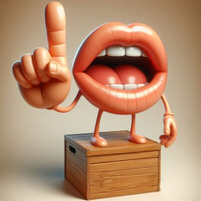 ein mund mit gro__en lippen und kurzen beinen steht auf einer holzkiste eine hand mit erhobenem zeigefinger in die luft gestreckt, comic stil