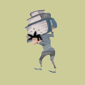 Frau schleppt Buecher2 gruen