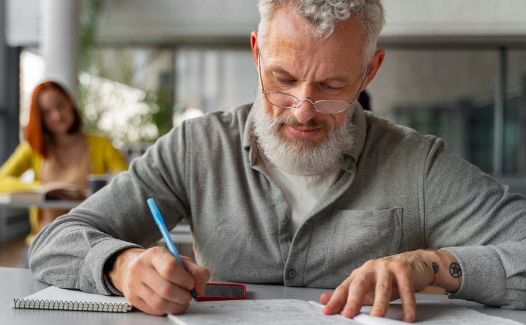 Senior lernt in Klassenraum