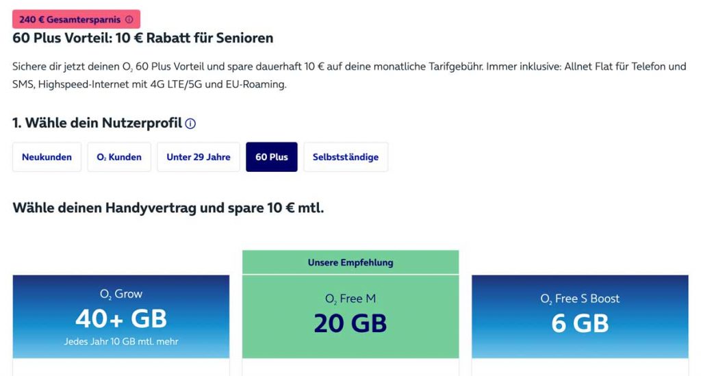 O2 60 Plus Vorteil: 10 EUR Rabatt auf den monatlichen Tarif